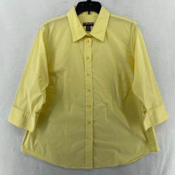 Kirkland Shirt Women's Sz XL Yellow Button-Up Collared 3/4 Sleeves Curved Hem - Picture 1 of 11